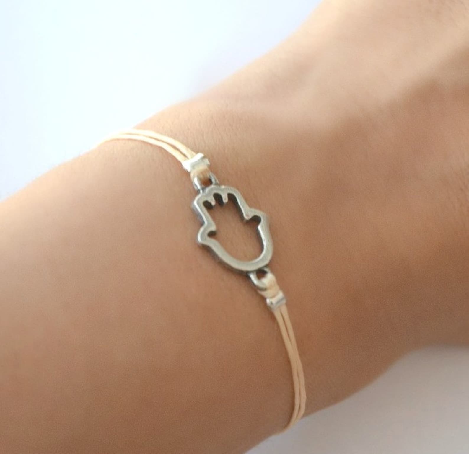 Hamsa Bracelet Cord Bracelet With a Silver Hamsa Charm Beige Etsy