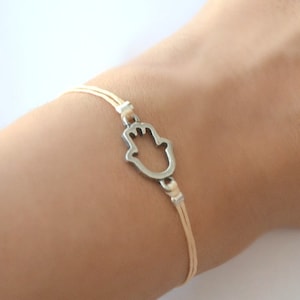 Silver Hamsa Bracelet: Beige Cord, Jewish Gift, Evil Eye Protection