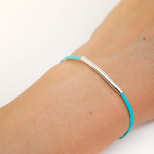 Silver bar bracelet, turquoise cord bracelet with a silver plated tube, teal string, stack bracelet, minimalist jewelry, gift for her