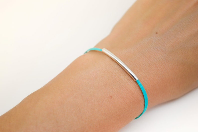 Silver bar bracelet, turquoise cord bracelet with a silver plated tube, teal string, stack bracelet, minimalist jewelry, gift for her