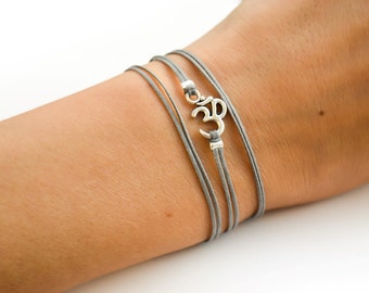 OM bracelet, wrapped bracelet with Tibetan silver Om charm, Hindu symbol, gray, gift for her, yoga bracelet, lucky charm, spiritual jewelry