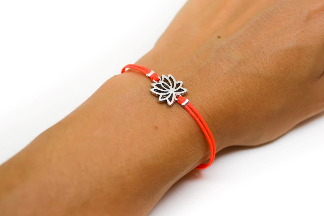 Lotus Bracelet, Silver Lotus Charm, Bright Peach Cord, Gift for Her ...
