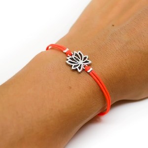 Lotus bracelet, silver lotus charm, bright peach cord, gift for her, flower, yoga bracelet, spiritual jewelry, crown chakra, personalised