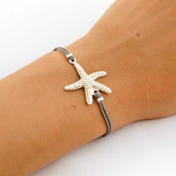 Bracelet étoile de mer, bracelet cordon gris avec une breloque étoile de mer argentée, bijoux nautiques d'été, vie marine, cadeau pour elle, bracelet argent plage