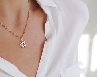 Gold Tone Sun Pendant Necklace - Stainless Steel Chain