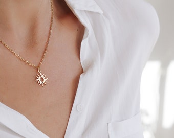 Collier solaire en or, pendentif sunburst soleil, collier chaîne en acier inoxydable, cadeau demoiselle d’honneur pour elle, minimaliste, Layering, Céleste