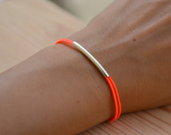 Silver bar bracelet, bright peach cord bracelet with silver plated tube, stack bracelet, minimalist jewelry, gift for her, Birthday gift