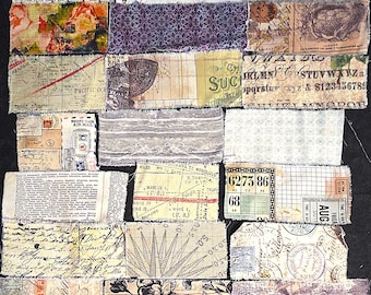Könnte beinhalten: Eine Collage aus Stoffflicken mit verschiedenen Mustern und Texturen. Die Flicken zeigen florale Drucke, Vintage-Karten, handschriftliche Schriftzüge und Ticket-Stubs. Die Farben reichen von Creme und Beige bis Schwarz und Lila und bilden eine vielschichtige, künstlerische Komposition.