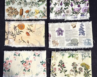 Könnte beinhalten: Sechs rechteckige Stoffmuster mit botanischen Illustrationen. Die Muster zeigen verschiedene Blumen- und Pflanzenmotive in Grün-, Rosa-, Gelb- und Lilatönen mit einem ausgefransten Rand. Einige Muster haben Text.