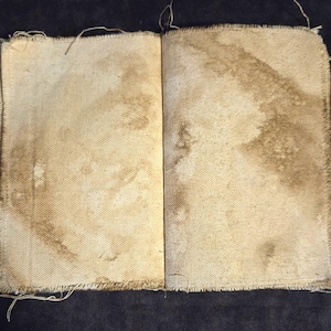 May include: Open, weathered canvas book with visible staining and frayed edges. The pages are a light beige colour with brown discolouration patterns. The book appears aged and possibly handmade, with visible stitching and loose threads.
