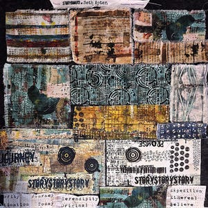 May include: A collage of fabric swatches featuring mixed media art, including printed text like STORYSTORYSTORY, JOURNEY, and words like EXPEDITION and ETHEREAL. The pieces display various textures, distressed edges, and patterns in shades of blue, yellow, brown, and black.