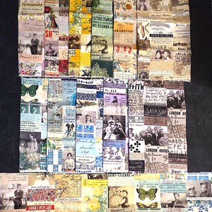 Peut inclure: Un collage d'éphémères vintage, avec des timbres-poste, de vieilles photographies et des notes manuscrites. Le design incorpore une variété de couleurs, dont le beige, le bleu et le jaune. Le texte comprend des phrases comme "Handle with care" et "made good."