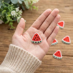May include: A small, triangular embroidered patch shaped like a watermelon slice. The patch features a bright red interior with black embroidered seeds, a thin white rind, and a green outer edge. Several identical watermelon patches are visible nearby.