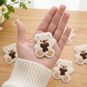 Waving Teddy Bear Patch, Fluffy Chenille Towel Embroidered Iron On Applique, Cute Animal Badge for Beanie Knitwear Jacket Phone Case DIY