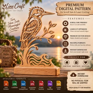 Puede incluir: Un pájaro de madera cortado con láser posado sobre una rama encima de olas de agua estilizadas, montado sobre una base rectangular. La imagen incluye texto: Line Craft, Premium Digital Pattern for Scroll Saw & Laser Cutting, y Available Formats: AI, CDR, DXF, EPS, PDF, PNG, SVG.