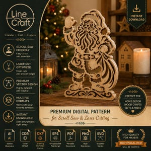 Könnte beinhalten: Ein digitales Muster für Laubsäge- und Laserschneidearbeiten mit einem detaillierten, mehrschichtigen Holzausschnitt des Weihnachtsmanns. Das Design enthält Textbeschriftungen wie Line Craft, Scroll Saw Friendly, Laser Cut Optimized und Premium Digital Pattern.