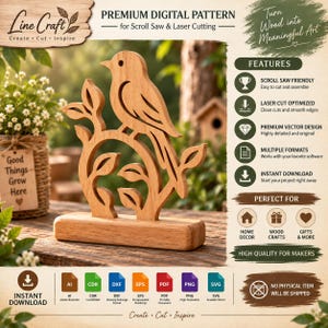May include: A light brown wooden bird perched on a branch, presented as a digital pattern for scroll saw and laser cutting. The design includes text labels for features, file formats like AI, CDR, DXF, EPS, PDF, PNG, and SVG, and notes that no physical item is shipped.