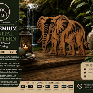 Op de afbeelding: Een bruin, lasergesneden houten olifant-silhouet met gedetailleerde uitsparingen. De digitale patroonlijst bevat tekst zoals Line Craft, Premium Digital Pattern for Scroll Saw & Laser Cutting, en bestandsformaten zoals AI, CDR, DXF, EPS, PDF, PNG en SVG.
