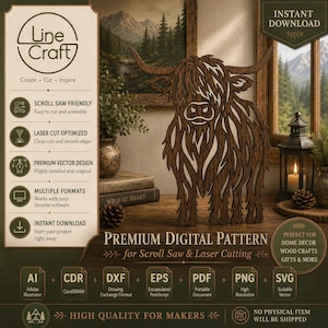 Puede incluir: Un patrón digital para sierra de calar y corte láser con la silueta detallada de una vaca Highland. El diseño incluye etiquetas de texto como Line Craft, Scroll Saw Friendly, Laser Cut Optimized y Premium Digital Pattern.