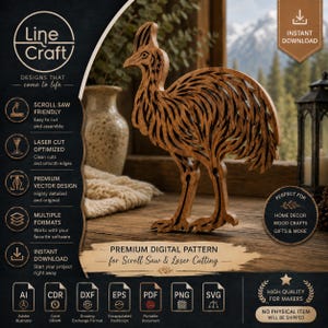 May include: A brown wooden cutout of a cassowary bird with intricate, layered feather patterns. The design is presented as a digital pattern for scroll saw and laser cutting, featuring text labels like Line Craft, Scroll Saw Friendly, and Instant Download.