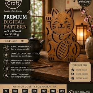 Peut inclure: Un modèle numérique pour scie à chantourner et découpe laser représentant un chat maneki-neko en bois. Le texte inclut Line Craft, Premium Digital Pattern, et des formats de fichiers comme AI, CDR, DXF, EPS, PDF, PNG et SVG à télécharger.