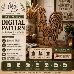 May include: A digital pattern for scroll saw and laser cutting featuring a rooster design. The image displays the Line Craft logo, text detailing features like scroll saw friendly and laser cut optimized, and a list of file formats including AI, CDR, DXF, EPS, PDF, PNG, and SVG.
