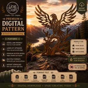 Può includere: Un modello digitale per seghetto da traforo e taglio laser con un'aquila marrone appollaiata su un ramo d'albero. Il design include etichette di testo per formati di file come AI, CDR, DXF, EPS, PDF, PNG e SVG, oltre a funzioni per creatori.