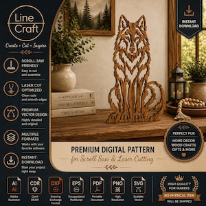 May include: A digital pattern for a laser-cut or scroll-saw wooden wolf sculpture. The design features a detailed, layered wolf silhouette. The image includes text such as Line Craft, Premium Digital Pattern, and various file format icons like AI, CDR, DXF, EPS, PDF, PNG, and SVG.