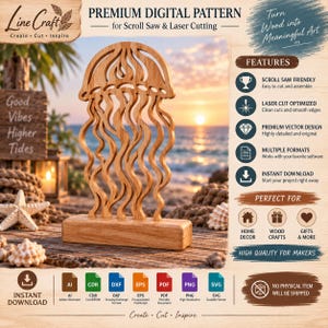 May include: A light brown wooden jellyfish cutout standing on a rectangular base. The design features a rounded top with long, flowing, wavy tentacles. The image includes text labels such as Premium Digital Pattern, Scroll Saw & Laser Cutting, and various file format icons like AI, CDR, DXF, EPS, PDF, PNG, and SVG.