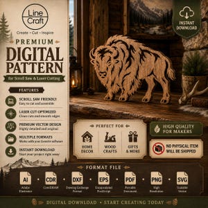 May include: A digital pattern file for scroll saw and laser cutting featuring a brown wooden bison silhouette. The text includes Line Craft, Premium Digital Pattern, Scroll Saw Friendly, Laser Cut Optimized, and a list of file formats like AI, CDR, DXF, EPS, PDF, PNG, and SVG.