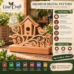 Könnte beinhalten: Ein digitales Muster für Dekupiersägen und Laserschneiden mit einem hölzernen Vogelhaus auf einem Ast mit Vogel, auf einem rechteckigen Sockel. Das Design enthält Text wie Line Craft, Premium Digital Pattern und Dateiformate wie AI, CDR, DXF, EPS, PDF, PNG und SVG.