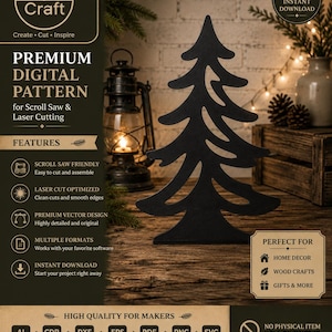 Peut inclure: Un modèle numérique pour scie à chantourner et découpe laser représentant la silhouette noire d'un sapin. Le texte inclut Line Craft, Premium Digital Pattern, Scroll Saw Friendly, Laser Cut Optimized, Premium Vector Design et les formats.