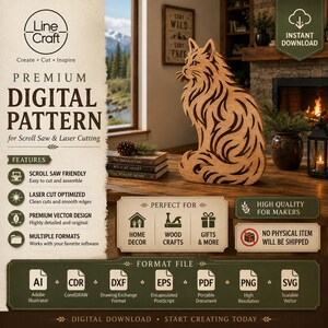 May include: A digital pattern for scroll saw and laser cutting featuring a stylized wooden cat silhouette. The design includes text labels for file formats like AI, CDR, DXF, EPS, PDF, PNG, and SVG, alongside icons for home decor and wood crafts.