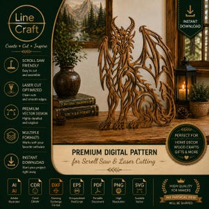 May include: A brown wooden dragon cutout featuring intricate, swirling filigree patterns throughout its wings, body, and tail. The dragon is depicted in a seated position with its wings partially spread, showcasing a detailed, layered aesthetic.
