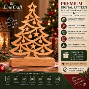 May include: A wooden Christmas tree cutout with star and ornament details on a rectangular base. The image includes text: Premium Digital Pattern for Scroll Saw & Laser Cutting, Line Craft, and a list of file formats including AI, CDR, DXF, EPS, PDF, PNG, and SVG.