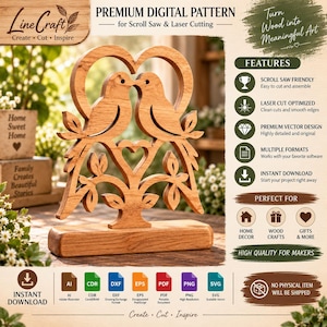 May include: A digital pattern for scroll saw and laser cutting featuring a wooden cutout of two birds perched on a tree branch forming a heart shape. The design includes text labels for features, file formats like AI, CDR, DXF, EPS, PDF, PNG, and SVG.