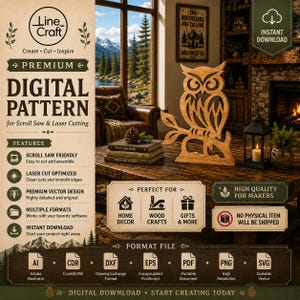 May include: A digital pattern for scroll saw and laser cutting featuring a stylized wooden owl perched on a branch. The graphic includes text labels such as Line Craft, Premium Digital Pattern, and lists file formats like AI, CDR, DXF, EPS, PDF, PNG, and SVG.