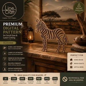 May include: A digital pattern for scroll saw and laser cutting featuring a layered wooden zebra silhouette. The design includes text labels such as Line Craft, Premium Digital Pattern, and file formats like AI, CDR, DXF, EPS, PDF, PNG, and SVG.