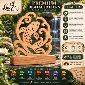 May include: A light brown wooden cutout of a koi fish swimming through stylized water waves, mounted on a rectangular wooden base. The design is presented as a digital pattern for scroll saw and laser cutting, featuring text labels for file formats.