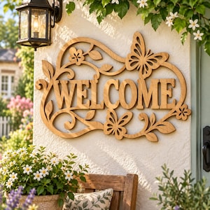 May include: A light brown wooden wall sign featuring the word WELCOME in capital letters, surrounded by a decorative cutout frame of swirling vines, leaves, small flowers, and two butterflies, mounted on a textured off-white exterior wall.