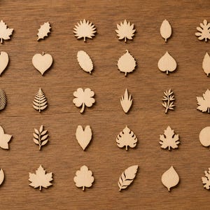 May include: A collection of forty-eight small, flat, light-colored wooden cutouts in the shapes of various leaves, including maple, oak, ginkgo, and fern, arranged in a grid pattern on a flat surface with a visible wood grain texture.