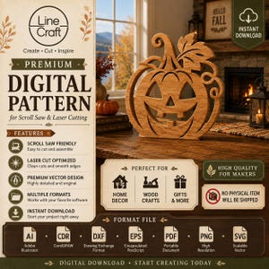 May include: A digital pattern file for a wooden jack-o'-lantern pumpkin cutout, featuring text labels for scroll saw and laser cutting, file formats including AI, CDR, DXF, EPS, PDF, PNG, and SVG, and a visual display of the finished pumpkin design.