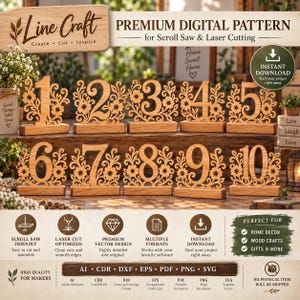 May include: A digital pattern set for scroll saw and laser cutting featuring wooden numbers one through ten, each adorned with intricate floral scrollwork and mounted on a rectangular base. The design includes text labels for file formats.