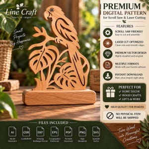 May include: A light brown wooden cutout of a parrot perched on a branch with two large monstera leaves, mounted on a rectangular wooden base. The image includes text detailing a premium digital pattern for scroll saw and laser cutting.