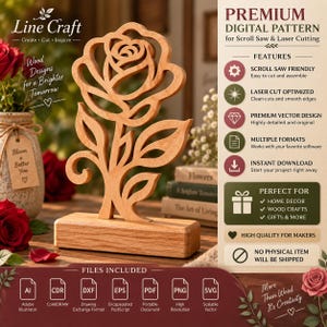 May include: A light brown wooden rose cutout standing on a rectangular base. The design features a stylised rose flower with leaves and a stem. The image includes text detailing a premium digital pattern for scroll saw and laser cutting.