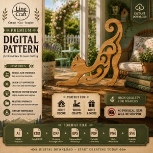 May include: A digital pattern for scroll saw and laser cutting featuring a stylized wooden cat silhouette with intricate cutouts. The design includes text labels for file formats like AI, CDR, DXF, EPS, PDF, PNG, and SVG for instant download.