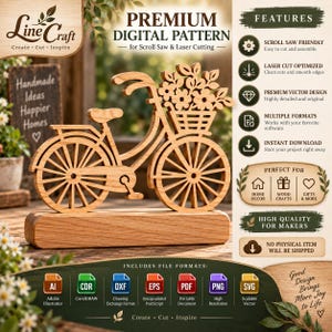 Puede incluir: Un adorno de bicicleta de madera cortado con láser con una cesta delantera llena de flores, montado sobre una base rectangular. El diseño incluye etiquetas de texto para características como compatible con sierra de calar y varios formatos.