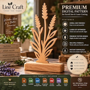 May include: A light brown wooden cutout of a wheat stalk standing on a rectangular wooden base. The design features three vertical stalks with stylized leaves. Text on the image includes Line Craft, Premium Digital Pattern, and file formats.