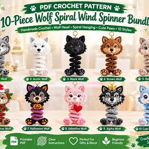 10-Piece Wolf Crochet Pattern Bundle – Spiral Wind Spinner Keychains (PDF Download)