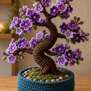 Bonsaï au crochet fait main | Fleurs de glycine violettes, pot turquoise (décoration bohème)
